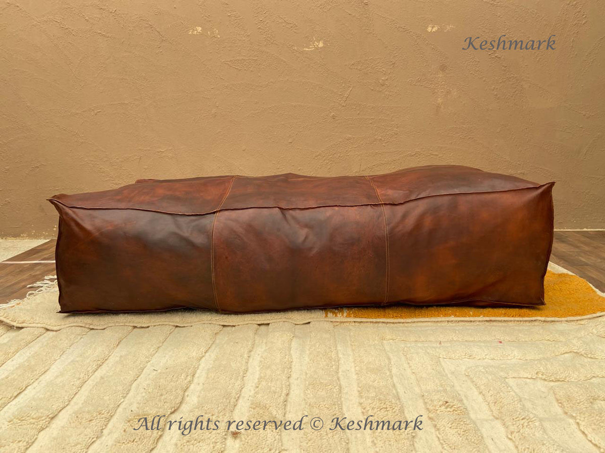 MOROCCAN LEATHER POUF - Handmade Moroccan rectangular leather Pouf Ottoman , Brown rectangular leather Pouf, leather pouffe , buy leather pouf