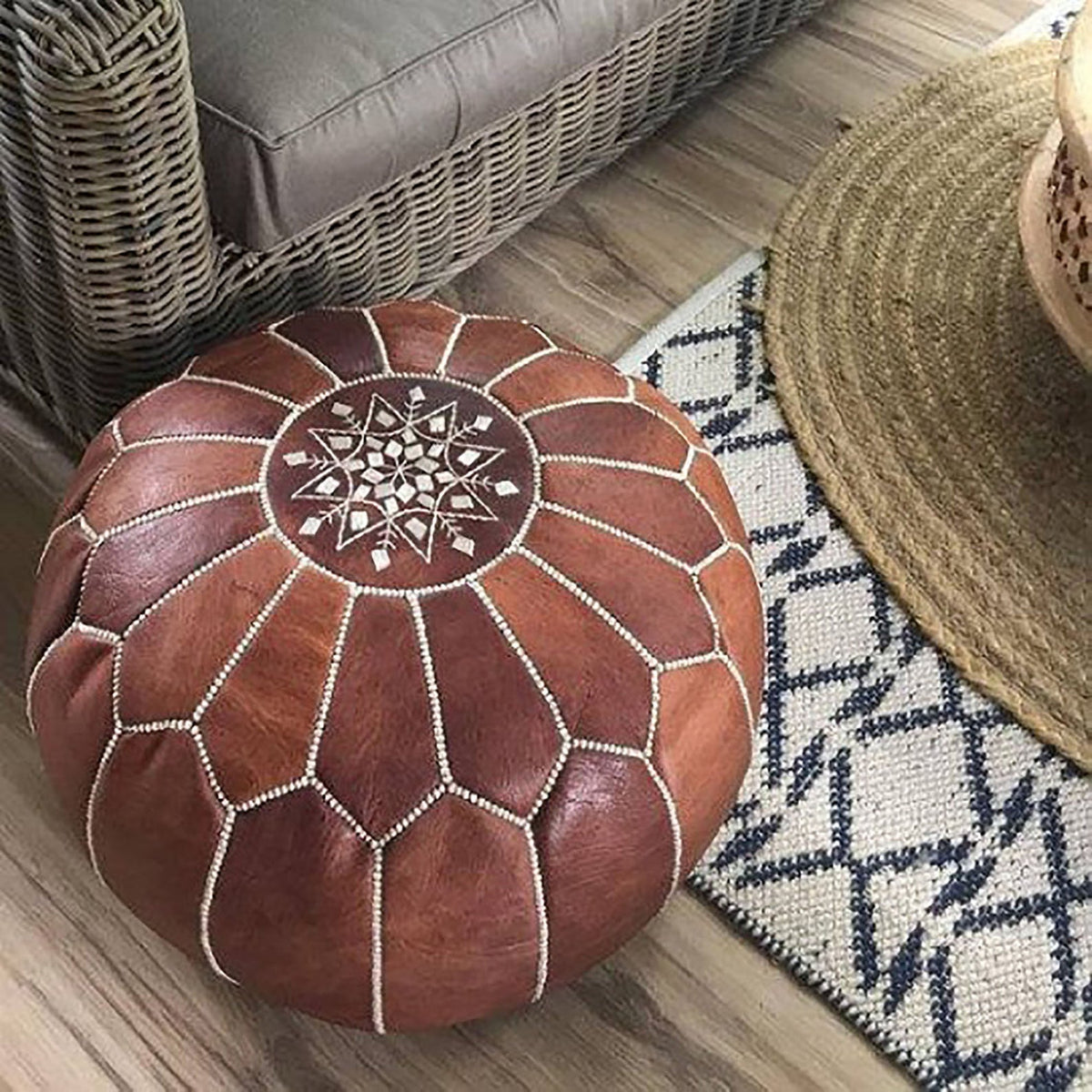 Authentic Moroccan hand-made leather hassock, Brown genuine soft good leather Pouf, Moroccan Leather Pouf Ottoman Square Pouf, Authentic leather